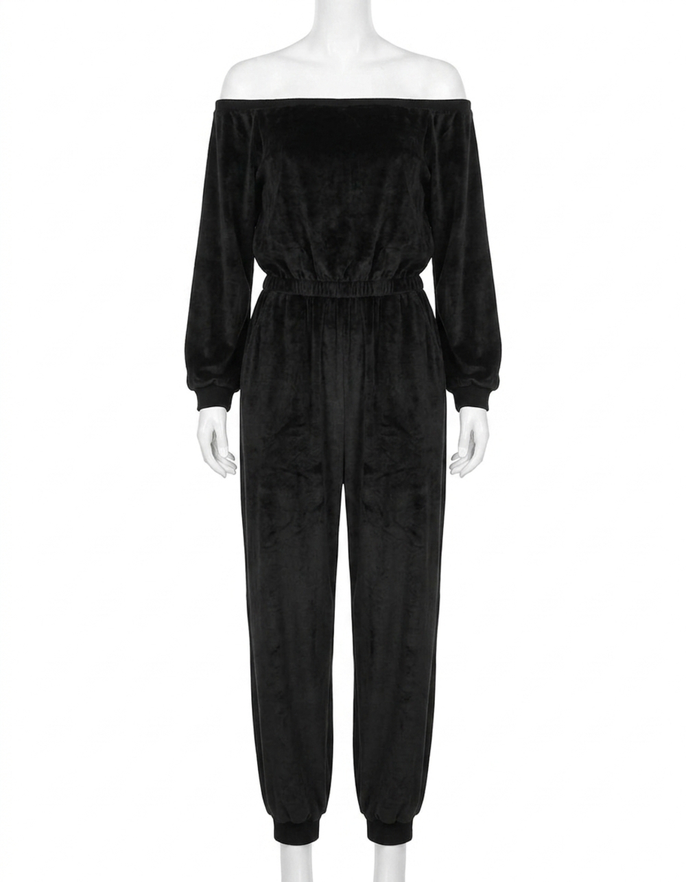 NEW BLUIVY velvet one shoulder boat neck jumpsuit in black